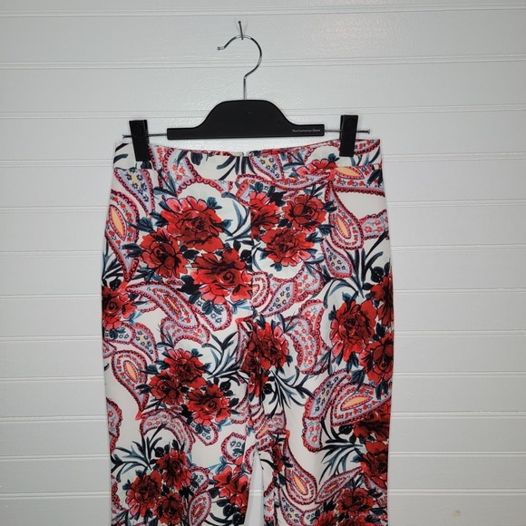 Badgley Mischka Size 6 Paisley Wide Leg Pants Red Multi Stretch Crepe Floral - Picture 5 of 12